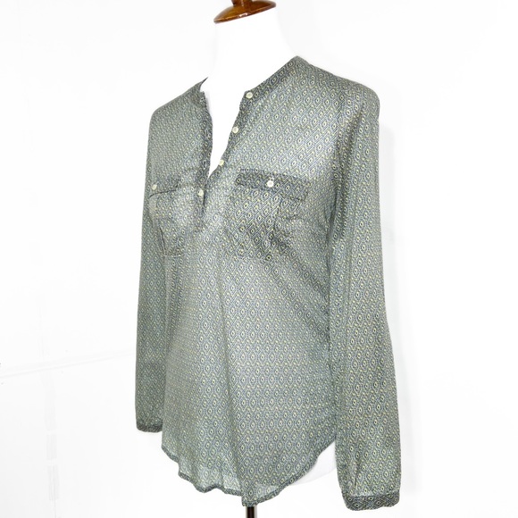 Anthropopogie Blue & Yellow Ikat Geometric Diamond Printed Roll Tab Sleeve Tunic - Picture 4 of 12